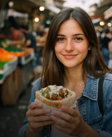 בחורה אוכלת פלאפל בשוק