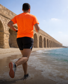 איש עם חולצה כתומה רץ