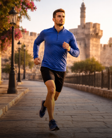 איש עם חולצה כחולה רץ ברחוב