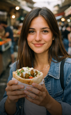 בחורה אוכלת פלאפל בשוק
